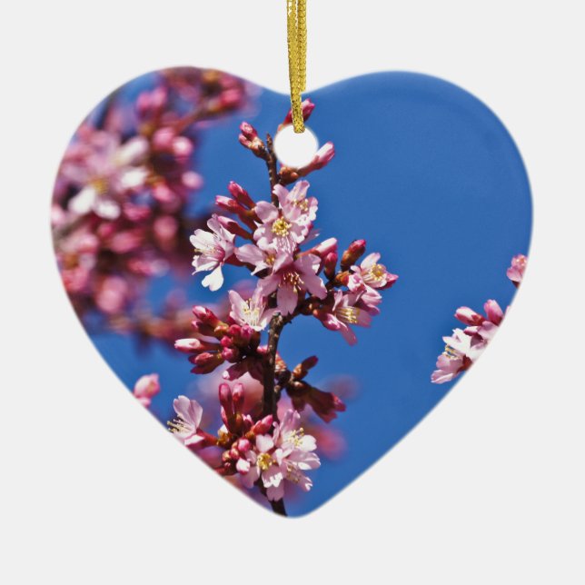 Sakura Cherry Blossoms Touching Blue Ceramic Ornament (Front)