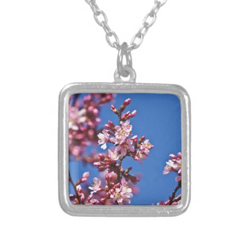 Sakura Cherry Blossoms Touching Blue Silver Plated Necklace