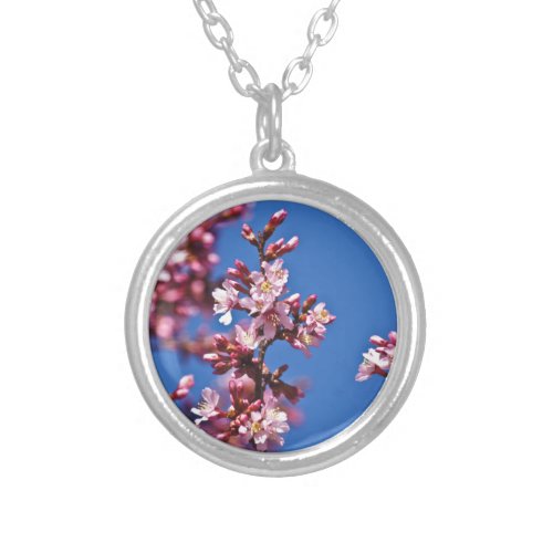 Sakura Cherry Blossoms Touching Blue Silver Plated Necklace