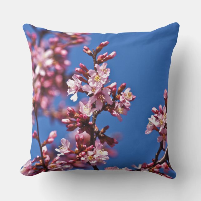 Sakura Cherry Blossoms Touching Blue Throw Pillow (Front)