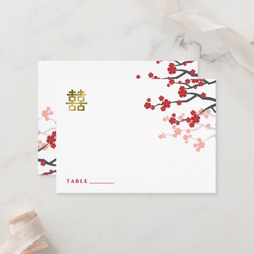 Customizable fatfatin Red Sakuras Double Happiness Guest Place  Business Card Templates