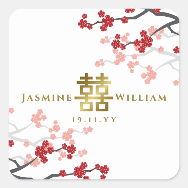 Sakura Double Happiness Chinese Wedding Sticker (Front)
