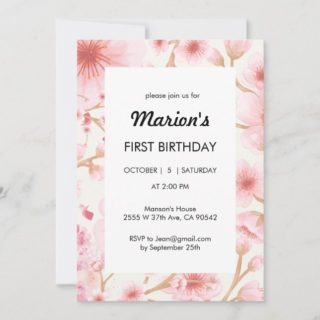 Sakura First Birthday Invitation (Front)