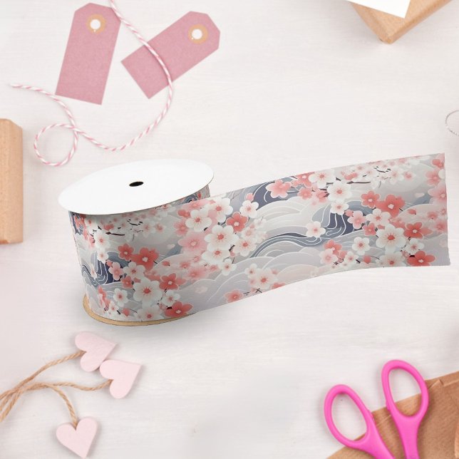 Sakura Floral Navy Waves Satin Ribbon (Creator Uploaded)