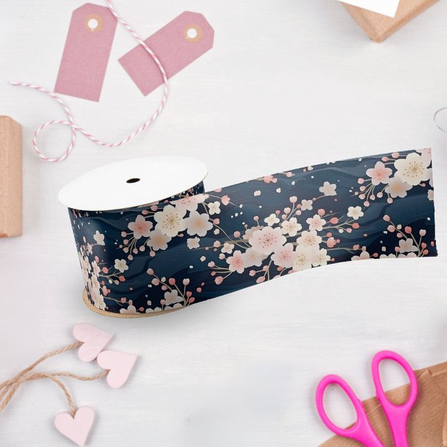 Sakura Floral Navy Waves Satin Ribbon (Creator Uploaded)