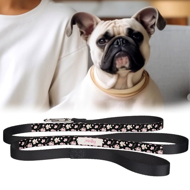 Sakura Floral Pattern Black Pink Name Personalized Pet Leash (Sakura Floral Pattern Black Pink Name Personalized Pet Leash)
