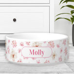 Sakura Floral Pattern Name White Pink Pet Bowl<br><div class="desc">Pawsome Watercolor Cherry blossom,  Sakura,  Floral Pattern Pet Bowl with a name label,  for the cutest furry girl in white and pink for spring :). Easily personalize the text. - Kate Eden Art</div>