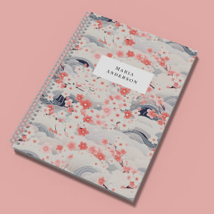 Sakura Floral Wavy Lines Monogram Notebook