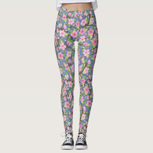 Sakura Flower with Leaves and Branch Illustration Leggings