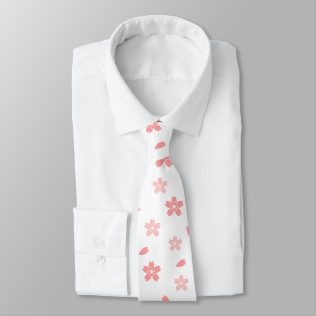 Sakura flowers and leafs pattern neck tie (Tied)