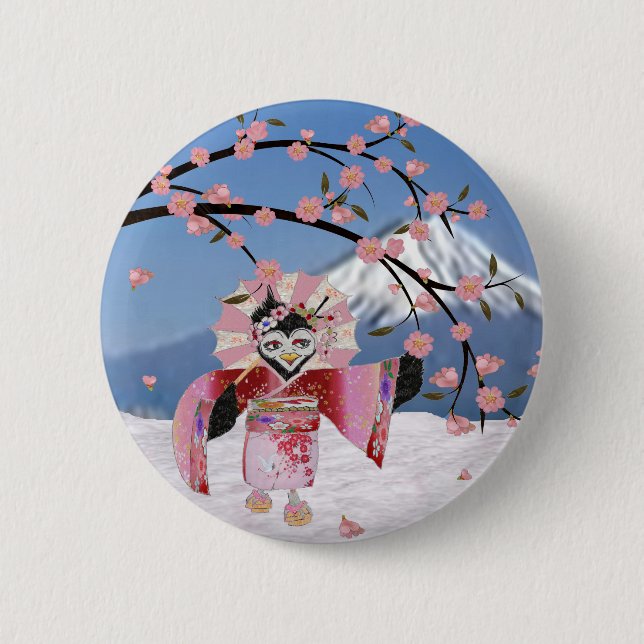 Sakura Geisha Bird in the Snow Cherry Blossoms Button (Front)