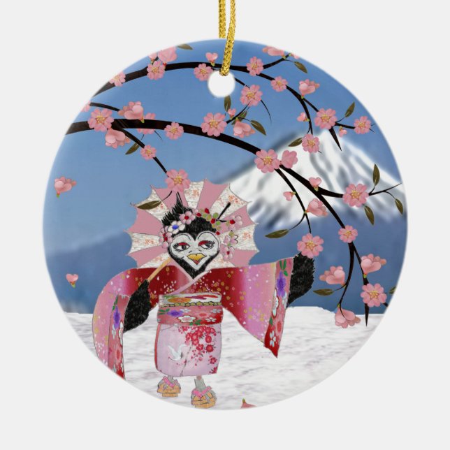 Sakura Geisha Bird in the Snow Cherry Blossoms Ceramic Ornament (Front)