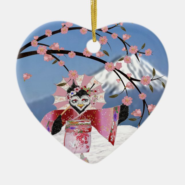 Sakura Geisha Bird in the Snow Cherry Blossoms Ceramic Ornament (Front)