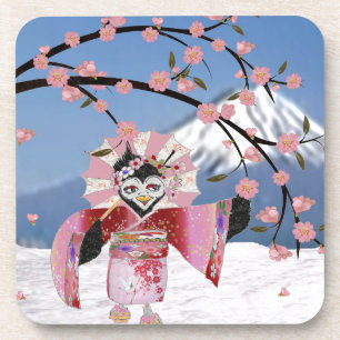 Sakura Geisha Bird in the Snow Cherry Blossoms Drink Coaster