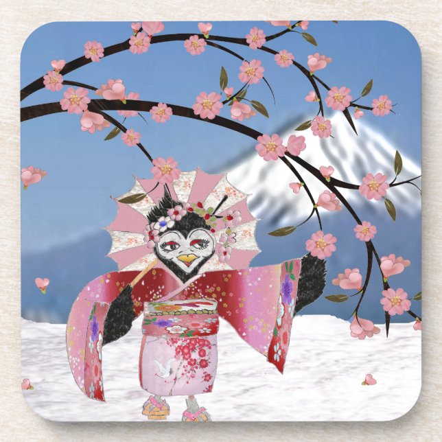 Sakura Geisha Bird in the Snow Cherry Blossoms Drink Coaster (Front)