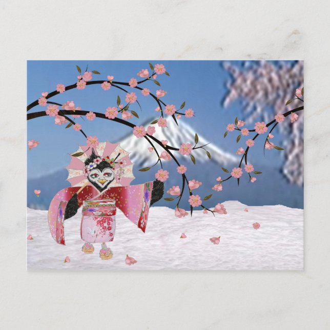 Sakura Geisha Bird in the Snow Cherry Blossoms Postcard (Front)