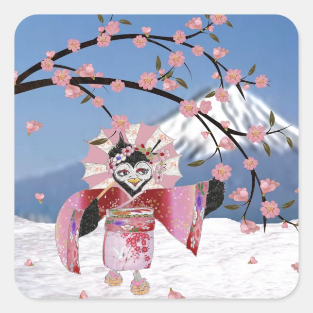 Sakura Geisha Bird in the Snow Cherry Blossoms Square Sticker (Front)