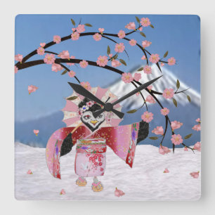 Sakura Geisha Bird in the Snow Cherry Blossoms Square Wall Clock