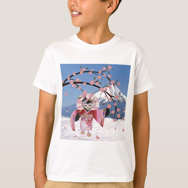 Sakura Geisha Bird in the Snow Cherry Blossoms T-Shirt (Front)