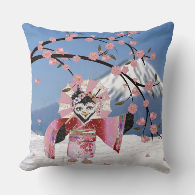 Sakura Geisha Bird in the Snow Cherry Blossoms Throw Pillow (Front)