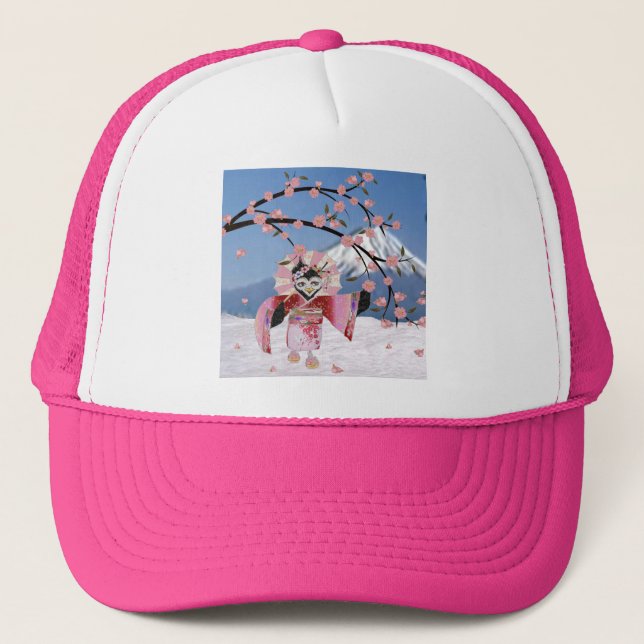 Sakura Geisha Bird in the Snow Cherry Blossoms Trucker Hat (Front)