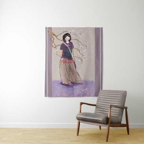 Sakura girl cherry blossoms art tapestry