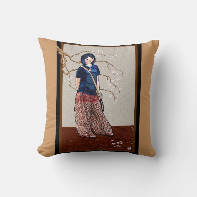 sakura girl cherry blossoms throw pillow (Front)