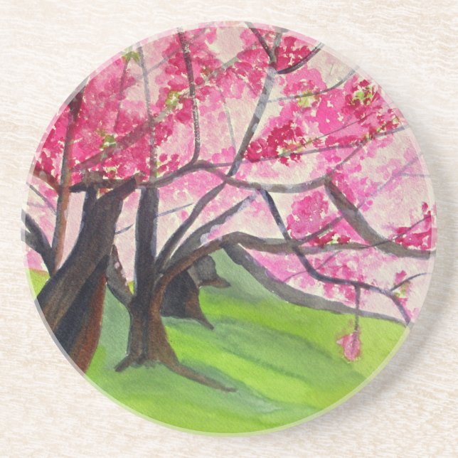 Sakura Japanese Cherry Blossom art Sandstone Coaster (Front)