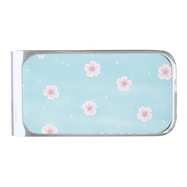 Sakura Japanese Cherry Blossom Floral Silver Finish Money Clip (Front)