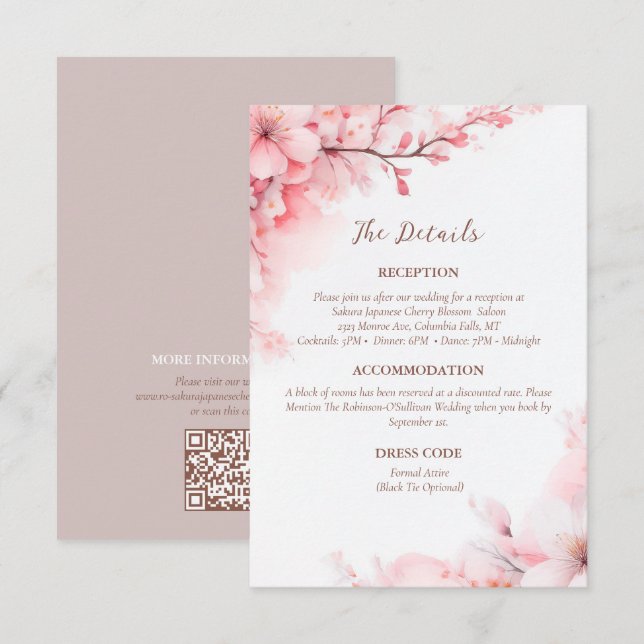 Sakura Japanese Cherry Blossom Wedding Details Enclosure Card (Front/Back)