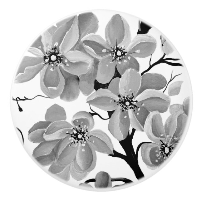 Sakura Japanese Cherry Tree Black and White   Ceramic Knob (Front)