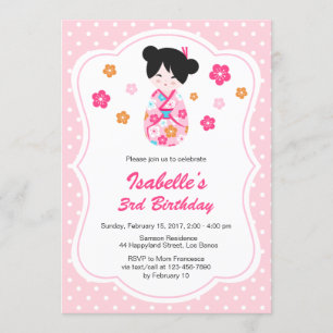Sakura Japanese Kokeshi Doll Birthday Invitation