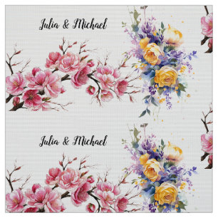 Sakura Japanesse Flowers Waterrcolor Yellow Rose Fabric