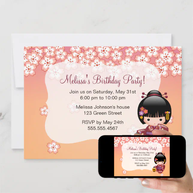 Sakura Kokeshi Doll Cute Geisha Birthday Party Invitation | Zazzle