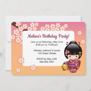 Sakura Kokeshi Doll Cute Geisha Birthday Party Invitation