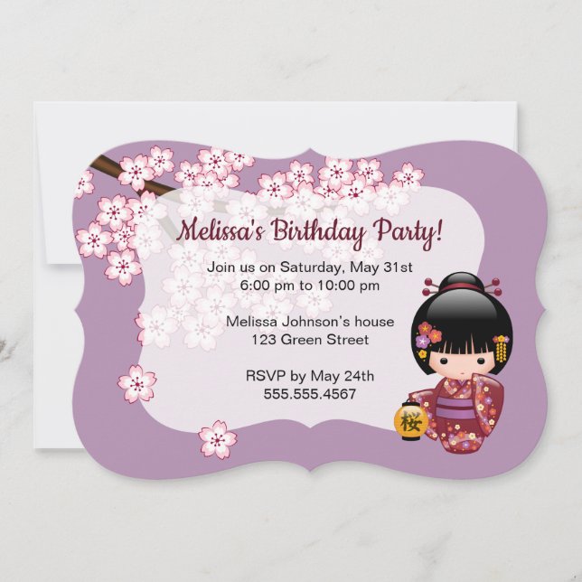 Sakura Kokeshi Doll Cute Geisha Birthday Party Invitation (Front)