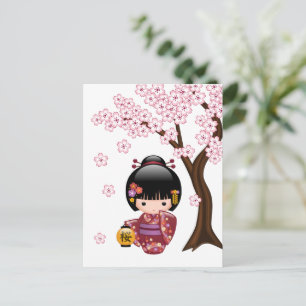 Sakura Kokeshi Doll - Cute Geisha Get Well Postcard