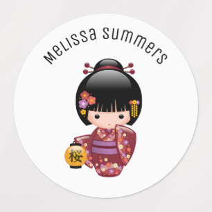 Sakura Kokeshi Doll - Cute Geisha Girl Kids' Labels