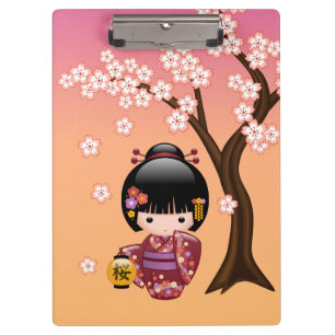 Sakura Kokeshi Doll - Cute Geisha Girl on Peach Clipboard