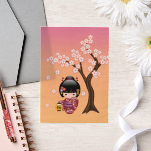 Sakura Kokeshi Doll Cute Geisha Girl Orange Insert Vellum Invitations