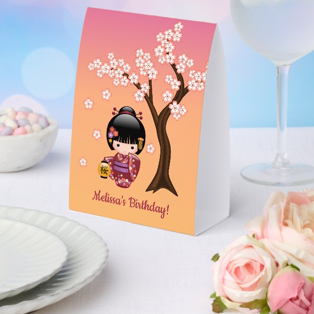 Sakura Kokeshi Doll Cute Geisha Girl Orange Paper Table Tent (Insitu(Wedding))