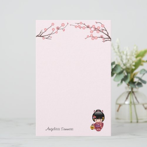 Sakura Kokeshi Doll Cute Geisha Girl Pink Stationery