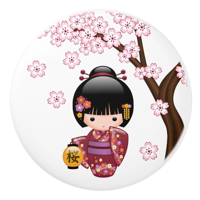 Sakura Kokeshi Doll - Cute Japanese Geisha Girl Ceramic Knob (Front)