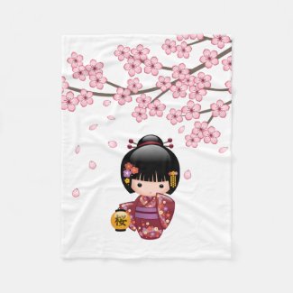 Sakura Kokeshi Doll - Cute Japanese Geisha Girl Fleece Blanket