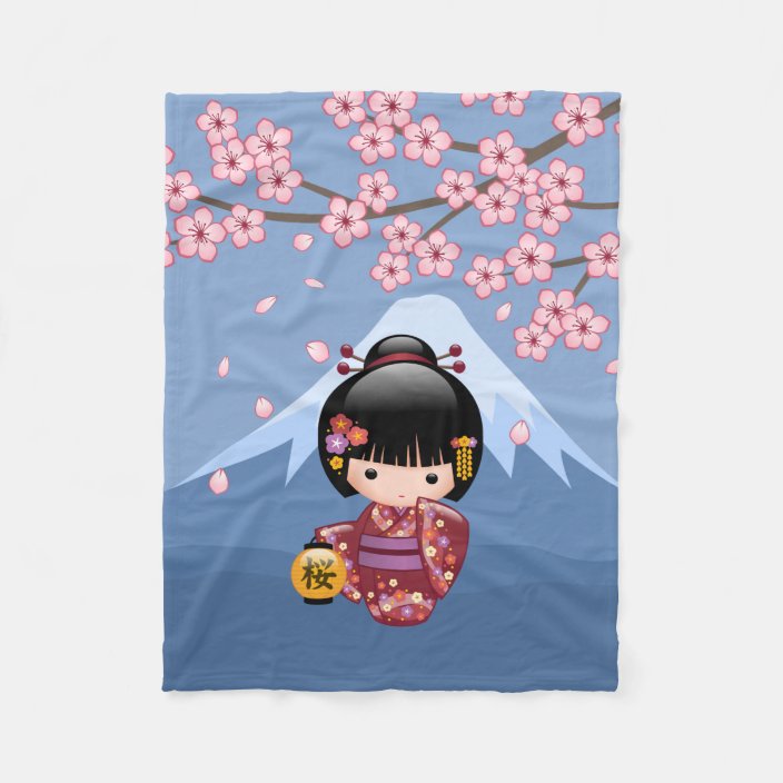 Sakura Kokeshi Doll Cute Japanese Geisha Girl Fleece Blanket