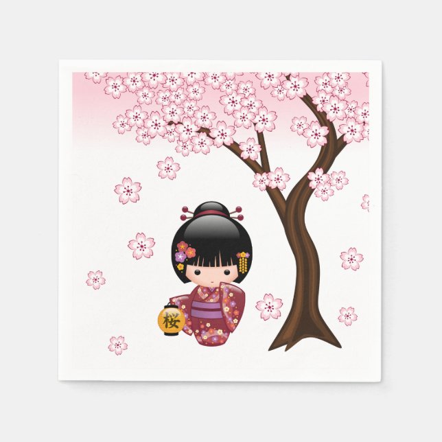 Sakura Kokeshi Doll - Cute Japanese Geisha Girl Napkins (Front)