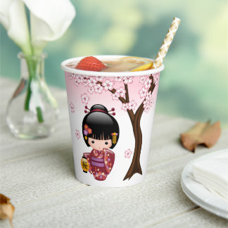 Sakura Kokeshi Doll - Cute Japanese Geisha Girl Paper Cups