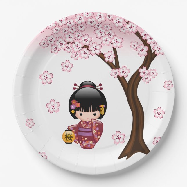 Sakura Kokeshi Doll - Cute Japanese Geisha Girl Paper Plates (Front)