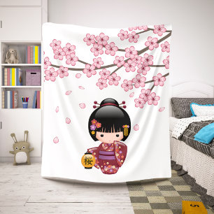 Sakura Kokeshi Doll - Cute Japanese Geisha Girl Sherpa Blanket