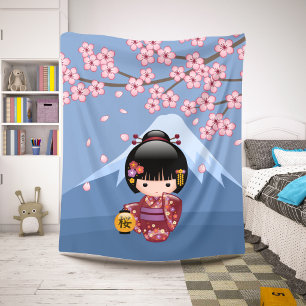 Sakura Kokeshi Doll - Cute Japanese Geisha Girl Sherpa Blanket